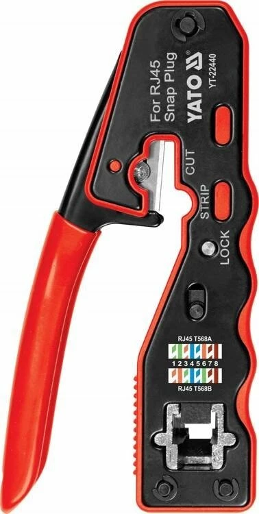 Pinca krimpimi Yato YT-22440 për RJ45 pass-through, 135 mm, prerje kablli, zhveshje izolimi, zi/kuqe