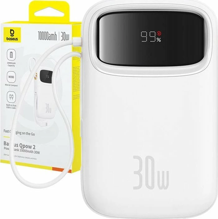 Powerbank Baseus QPow 2 10000mAh 30W 2x USB-C, 1x USB-A, i bardhë