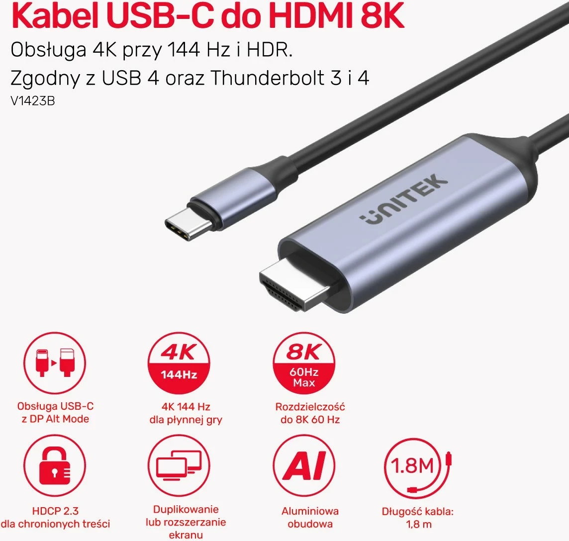 Kabëll USB-C në HDMI Unitek 8K, USB 4, HDR10+, HDCP 2.3, 1.8m, hiri