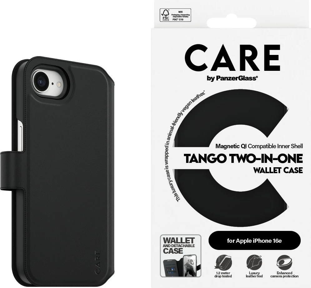 Mbështjellës PanzerGlass CARE Case Feature Tango 2-in-1 Wallet për iPhone 16e, i zi