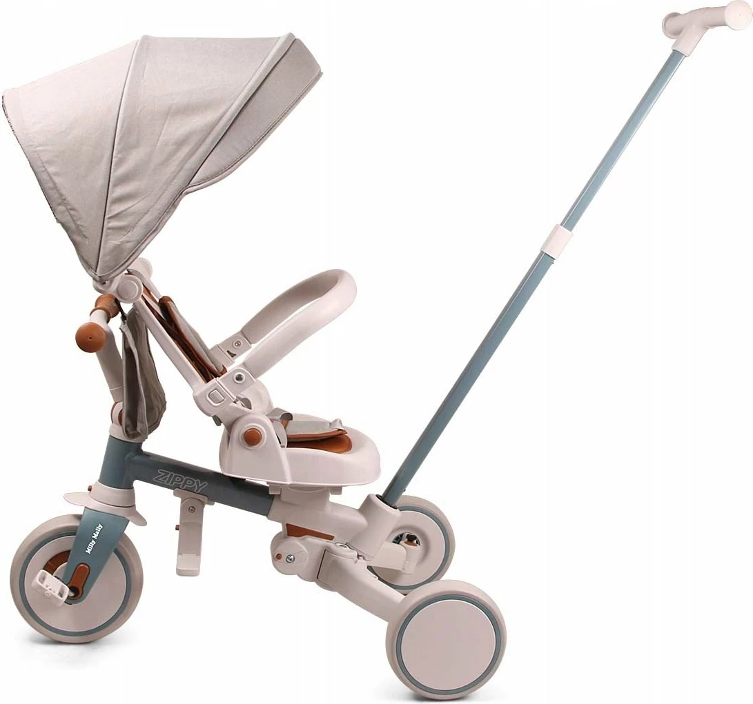 Tricikël fëmijësh Milly Mally Zippy, 12+ muaj, 25 kg max, ulëse rrotulluese 180°, rrota shkumë, kornizë çeliku, me tendë dhe shtytës prindi, Blu