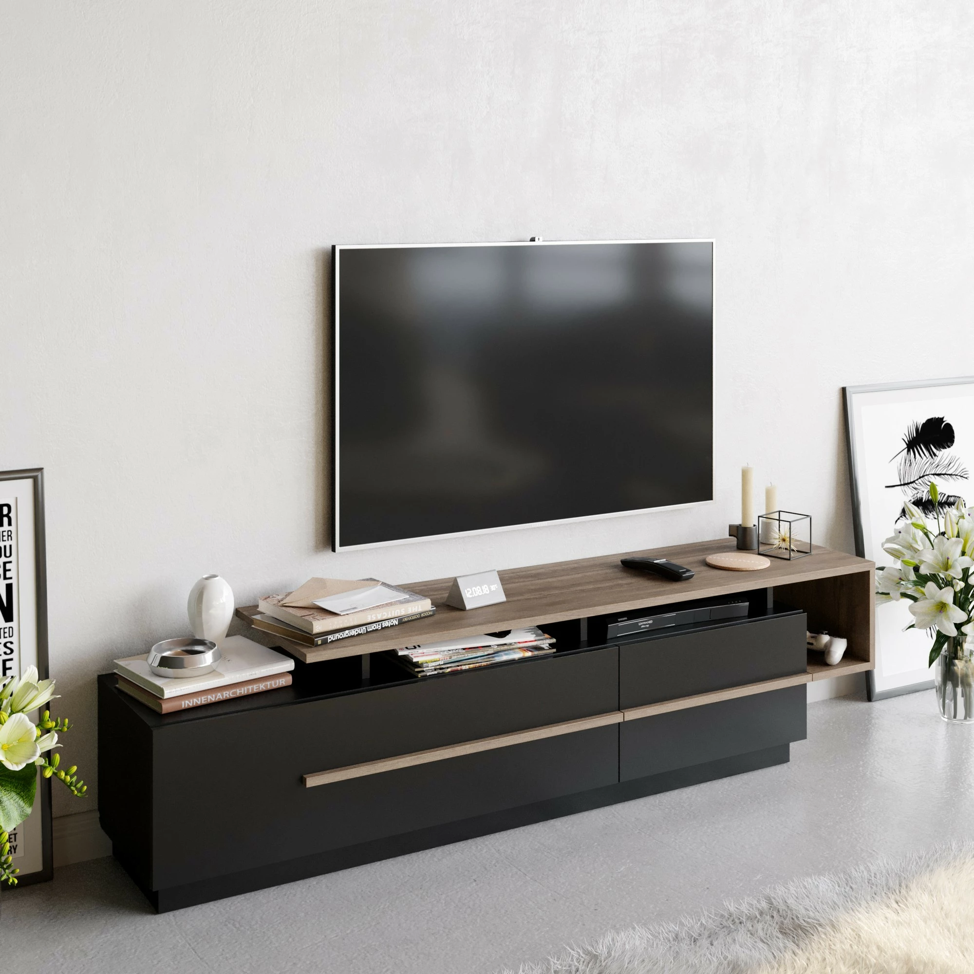 Komodë TV Hanah Home, Pia, e zezë dhe arre