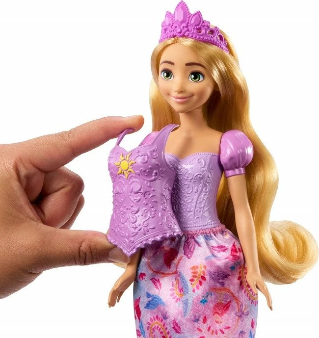 Kukull Mattel Disney Princess Rapunzel JBG09 27 cm, set 2-në-1 me 2 veshje dhe 8 aksesorë, vjollcë