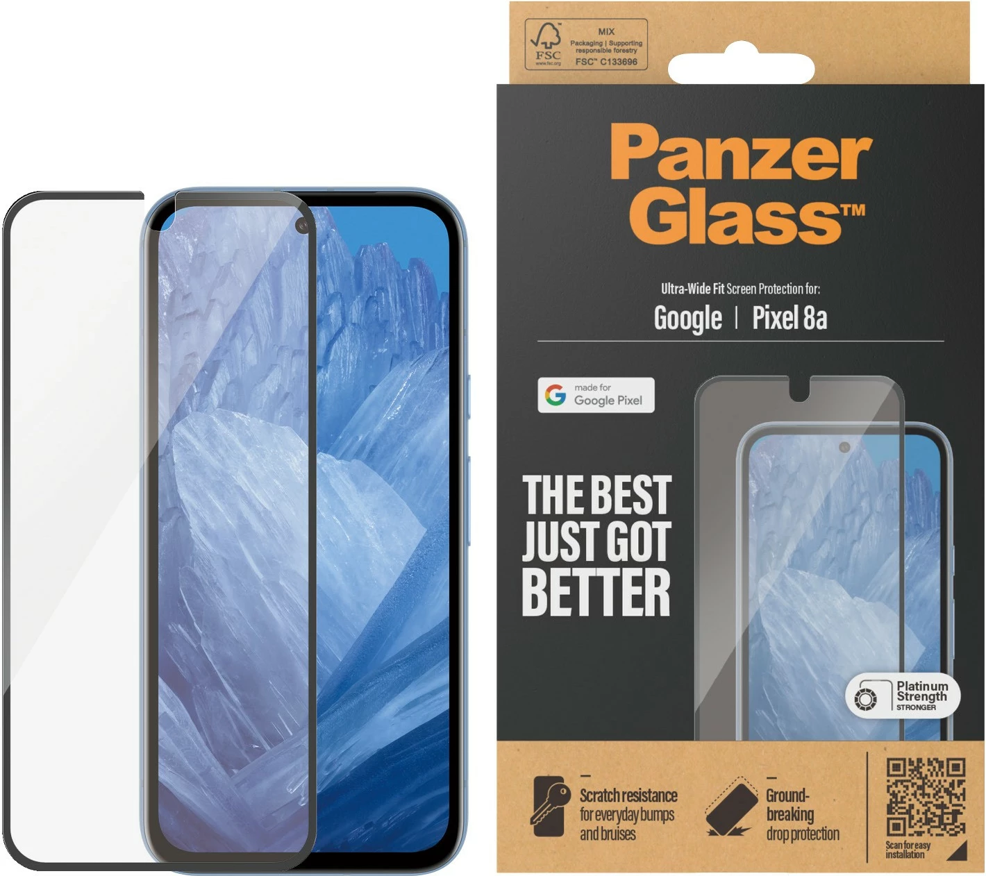 Mbrojtës ekrani PanzerGlass për Google Pixel 8a, Ultra Wide Fit, transparent