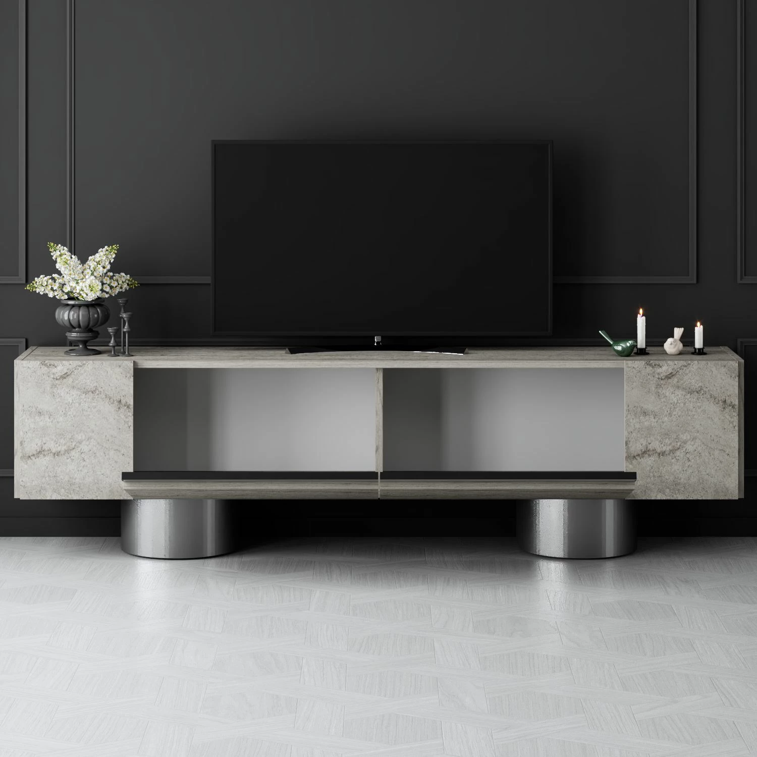 Komodë TV Hanah Home, bohem, travertin, argjend