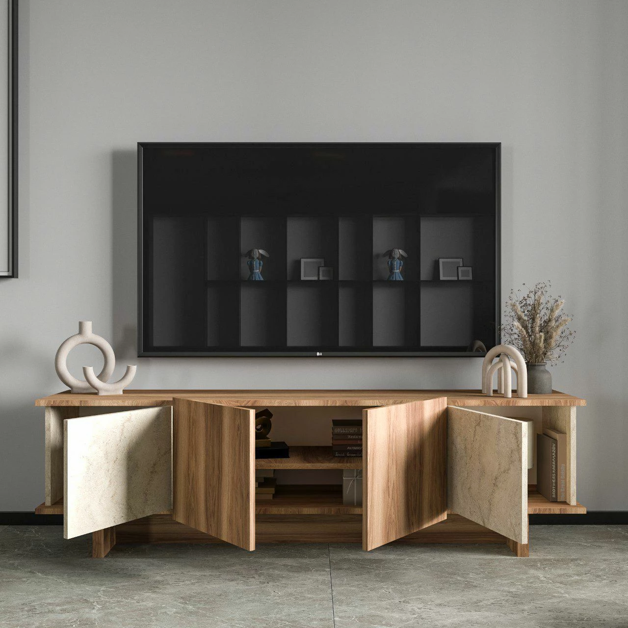 Komodë TV Skye Decor, ngjyrë travertin dhe arre, Diana