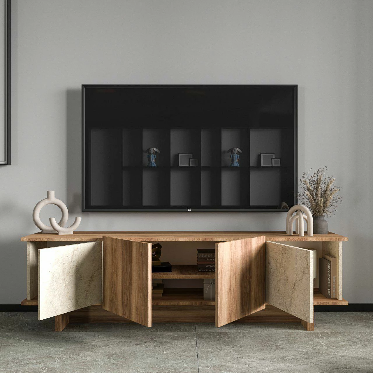 Komodë TV Skye Decor, ngjyrë travertin dhe arre, Diana