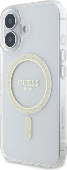 Mbështjellës Guess GUHMP16MHFGERET për iPhone 16 Plus 6.7", transparent, Glitter Circle MagSafe