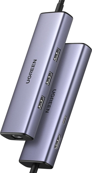 USB-C Hub, UGREEN 15598, 6-në-1, PD 100W, HDMI 4K@30Hz, RJ45 Gigabit, 3x USB-A 3.0, gri