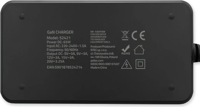 Karikues rrjeti Qoltec 65W GaN, USB-C 3.1, për laptop, MacBook, celular, i zi, me kabllo