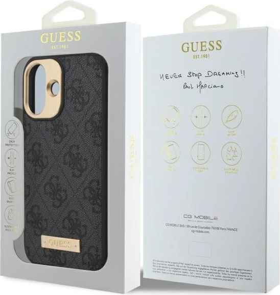 Mbështjellës Guess 4G Logo Plate MagSafe për iPhone 16 Plus, Zi