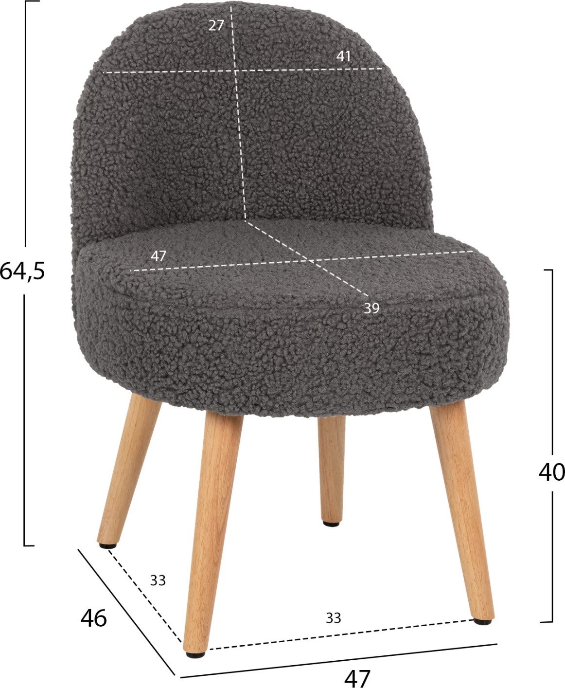 Karrige YASMINE FH8395.21 shpinë e ulët - pëlhurë boucle ngjyrë gri - këmbë druri 47x46x64.5H cm.