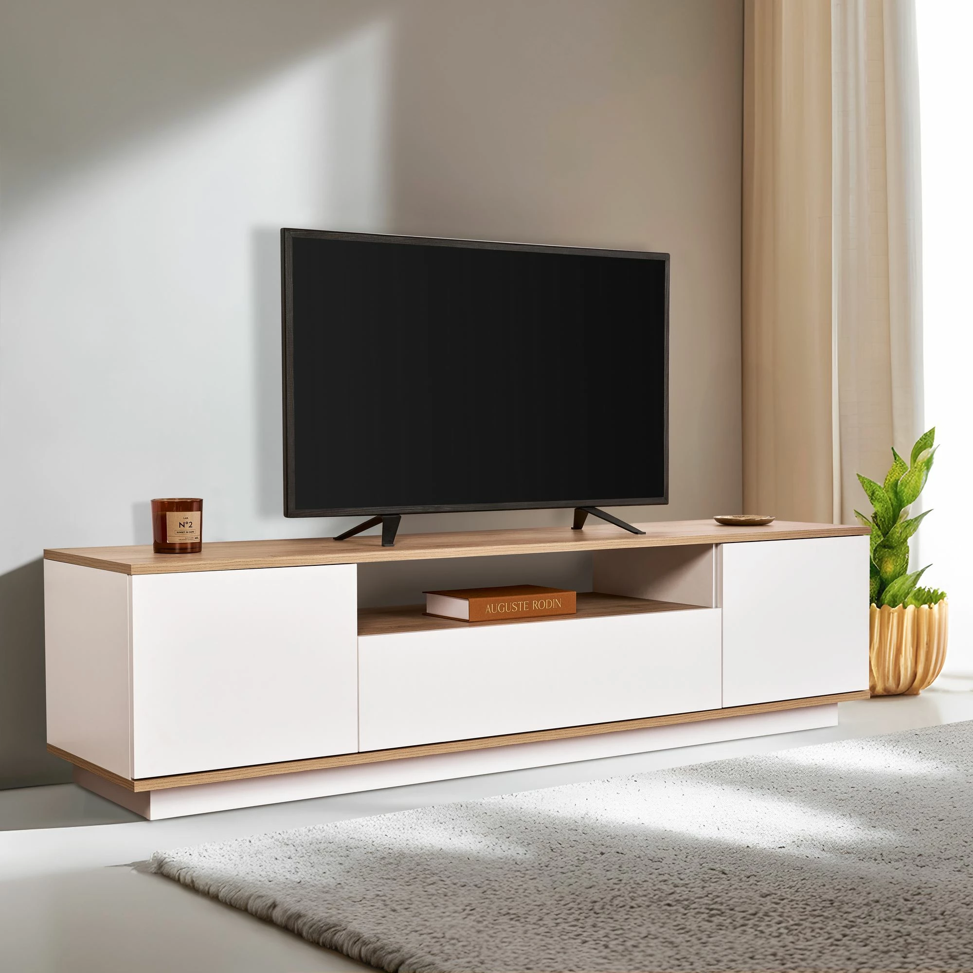 Komodë TV Skye Decor, Veramont, e bardhë, lisi Cadiz