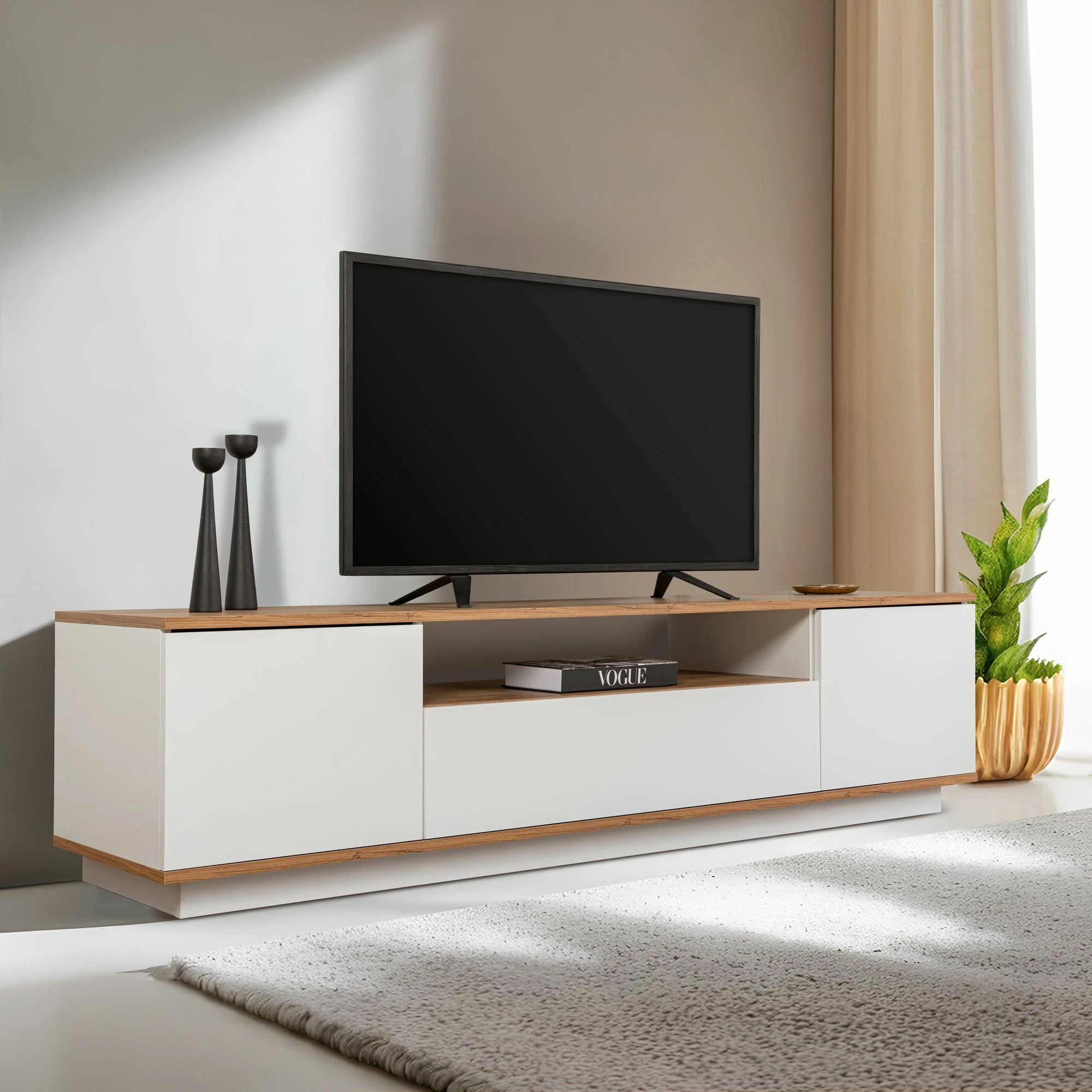 Komodë TV Skye Decor, ngjyrë e bardhë dhe pishë Atlantic, Veramont