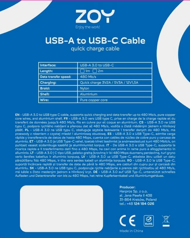 Kabllo USB ZOY ZCAC2 USB-A në USB-C 2 m USB 3.0 e zezë-argjend