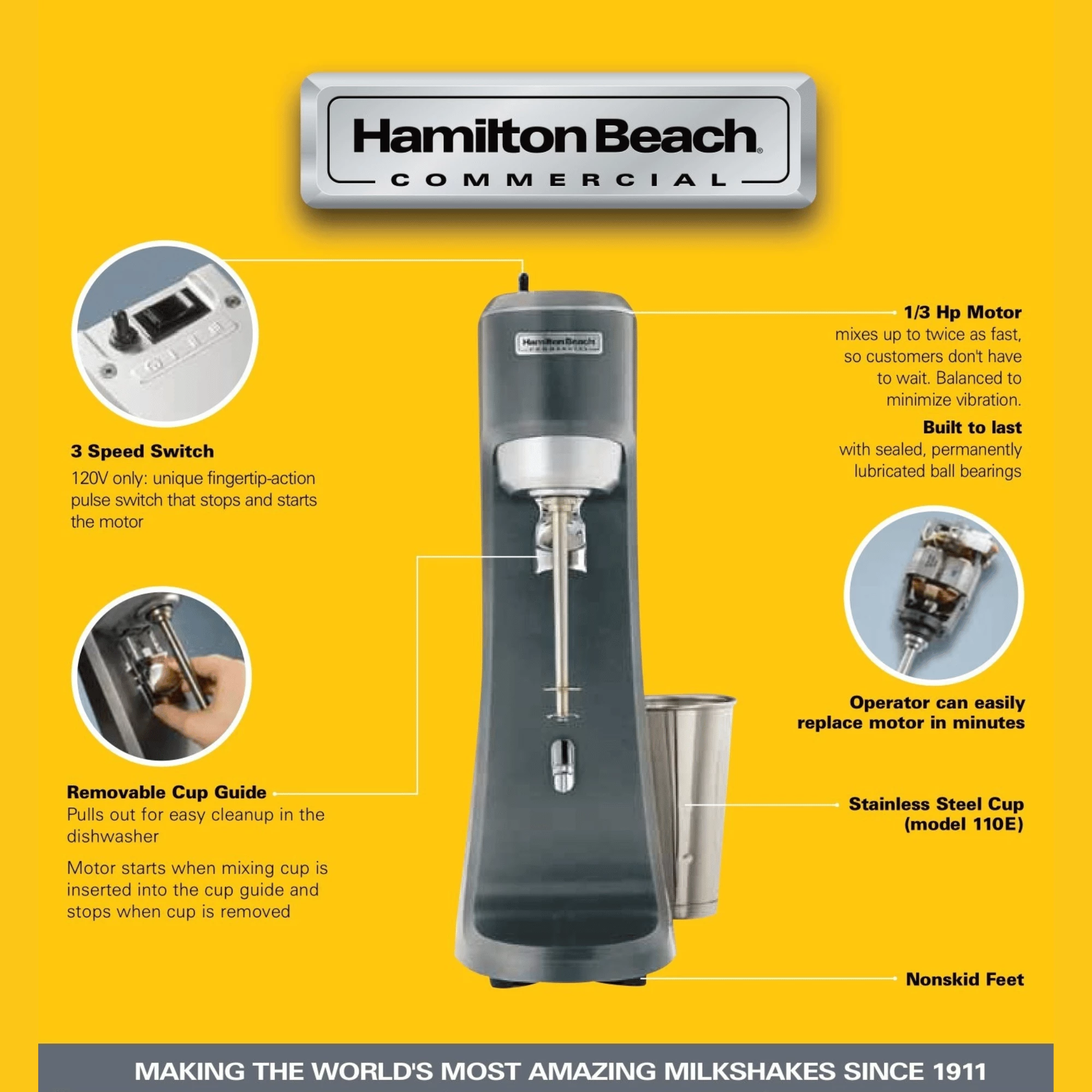 Mikser pije me një bosht, Hamilton Beach Commercial, 1/3 HP, 165×170×550 mm, gri