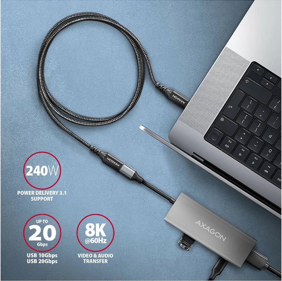 Kabllo zgjatëse USB-C Axagon BUCM32-CF10AB, USB-C në USB-C 3.2 Gen 2, 1 m, 20 Gbps, alumini, e zezë