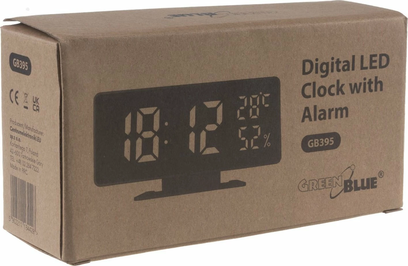 Orë digjitale me alarm GreenBlue GB395, me termometër dhe higrometër, USB-C, e zezë