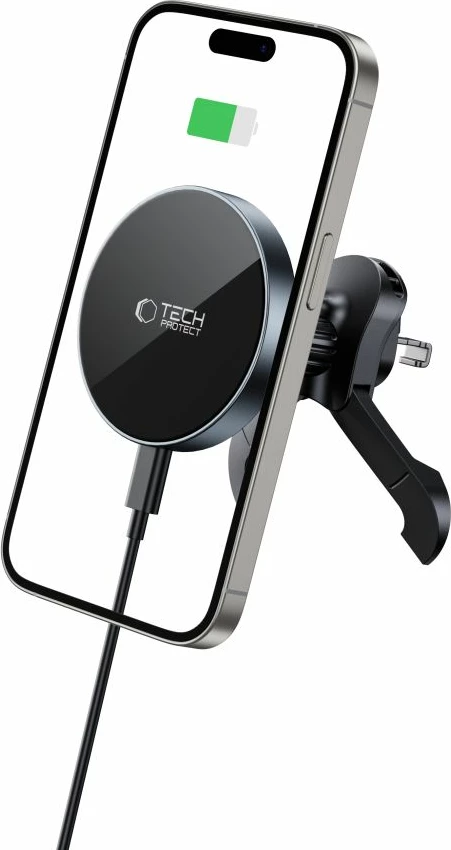 Mbajtës telefoni për veturë Tech-Protect MM15W-V5, MagSafe magnetik, karikim wireless 15W, montim në grilë ventilimi, i zi, set me kabllo USB-C dhe 2 pllaka MagSafe