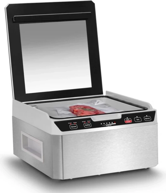 Makinë vakumimi me dhomë CASO VacuChef 40 280W, 70 L/min, saldim i dyfishtë 25 cm, set me 20 qese + tub vakumi, Inoks