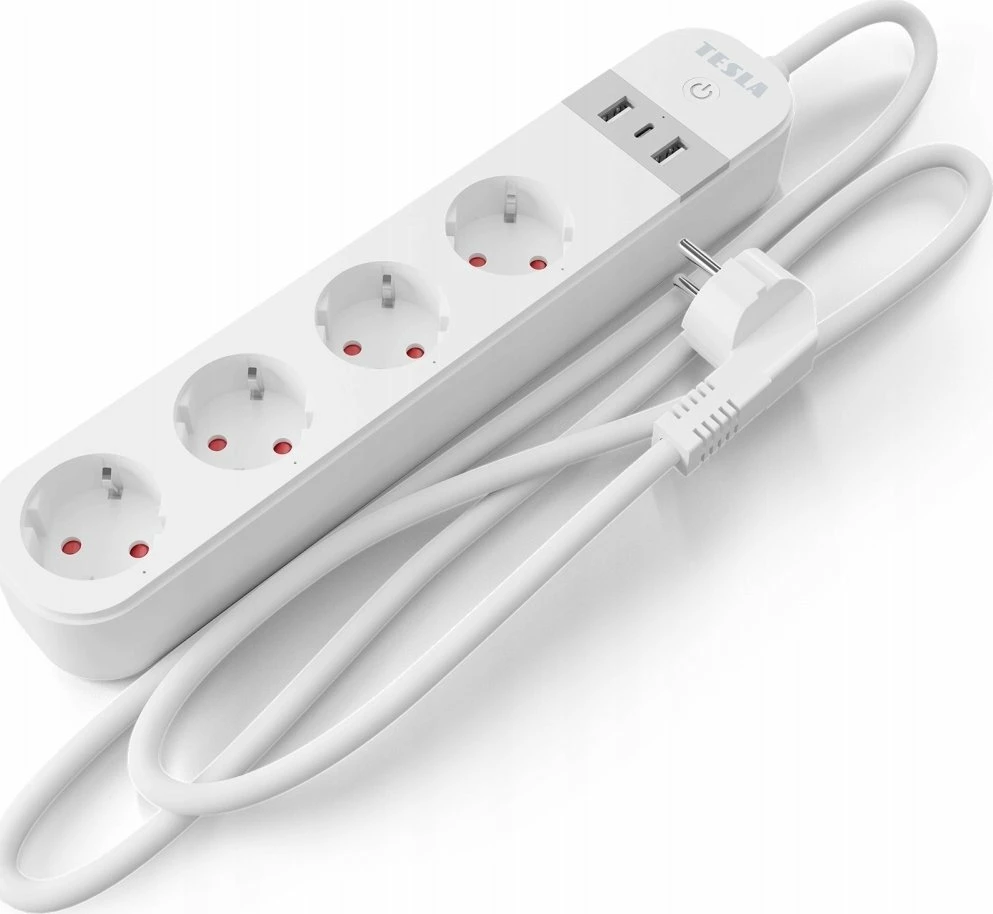 Zgjatës prizash smart Tesla PS300 TSL-SPL-SPS300, 4x Schuko + 3x USB, Wi‑Fi, kabllo 2 m, bardhë