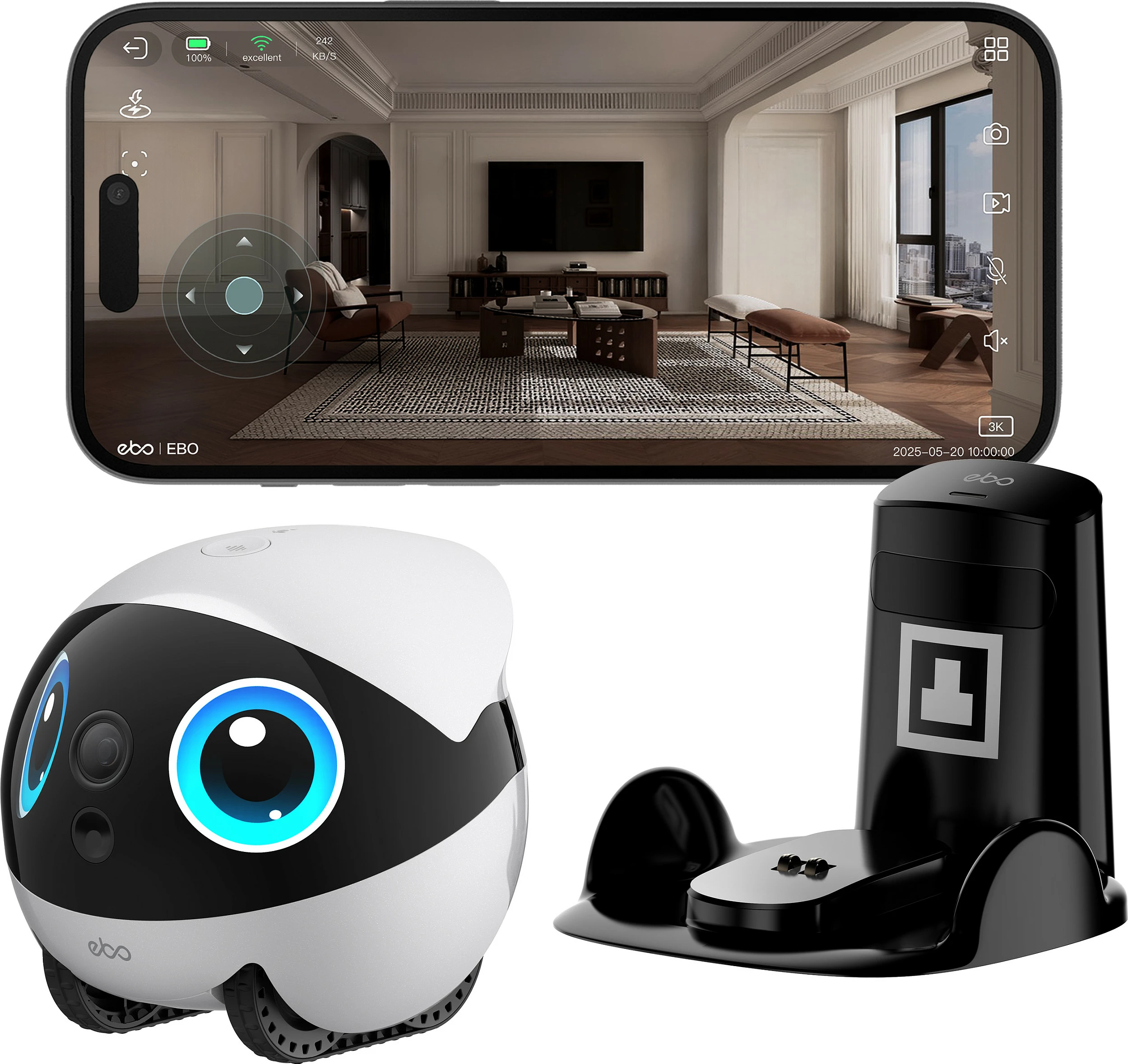 Robot për kafshë Enabot EBO Air 2 Plus, Kamera 3K, Wi‑Fi 5GHz, Night Vision, 5000mAh, bardh/zi