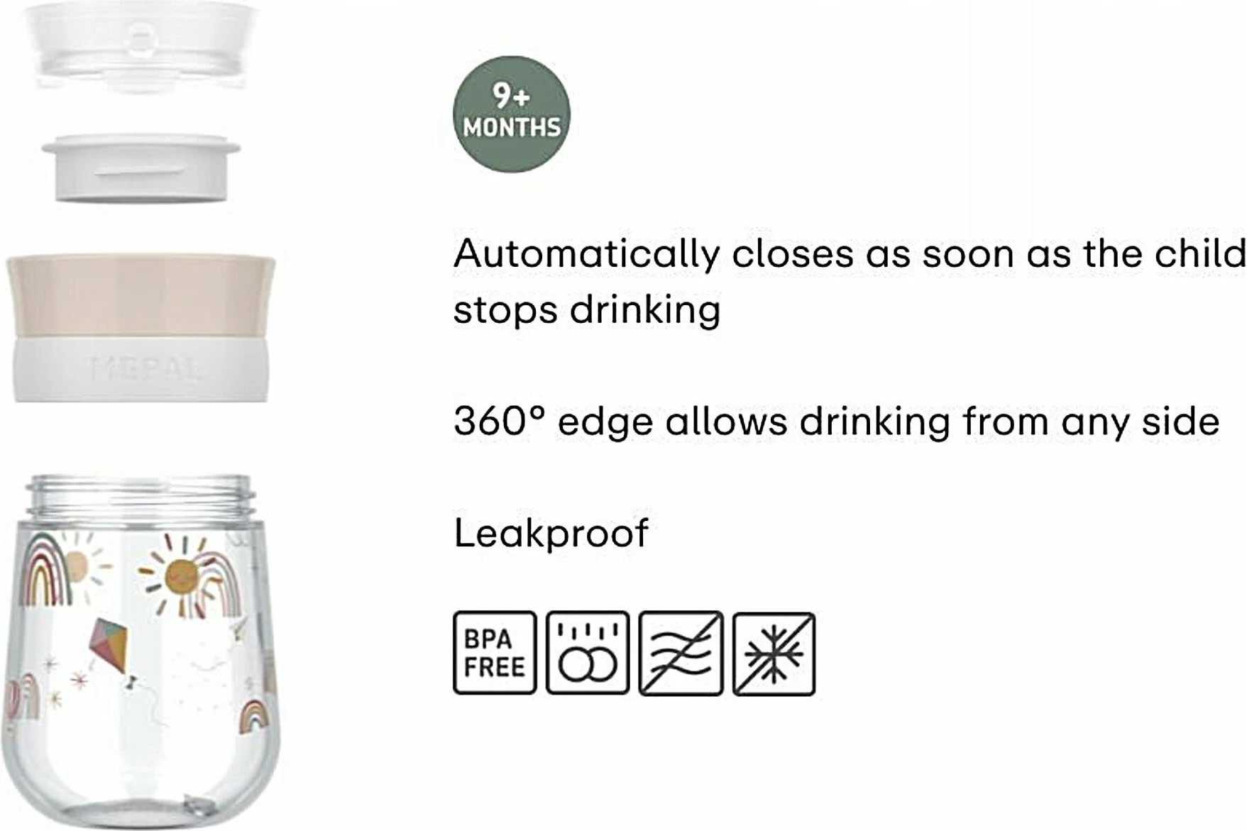 Gotë trajnimi për fëmijë Mepal Mio 300 ml, kapak 360°, pa dorezë, pa BPA, Fairy Garden, pink