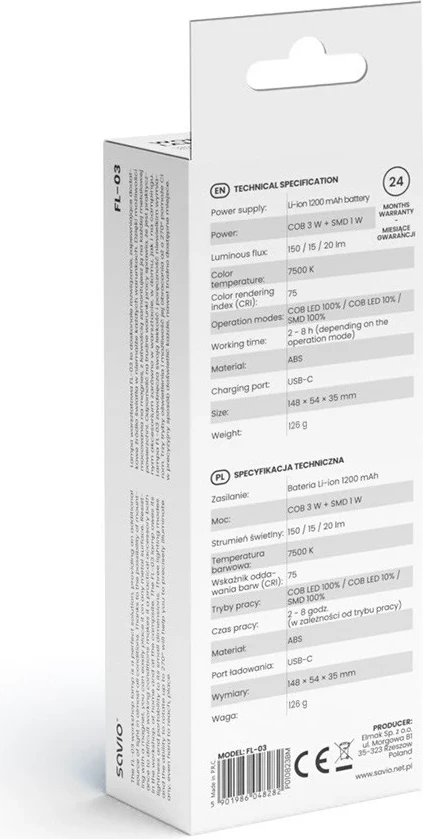 Dritë punëtorie Savio FL-03 COB LED 3W, USB-C, 150 lm, kokë rrotulluese, magnet, e zezë