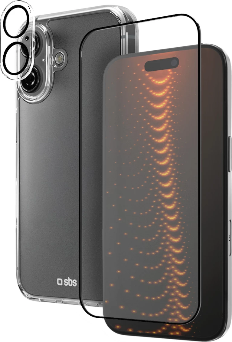 Set mbrojtës për celular SBS D3O për iPhone 16, kasë + xham ekrani + mbrojtës kamere, transparent