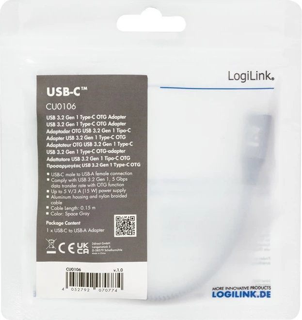 Adapter USB LogiLink USB 3.2 Gen1 Type-C, 0.15 m, Gri