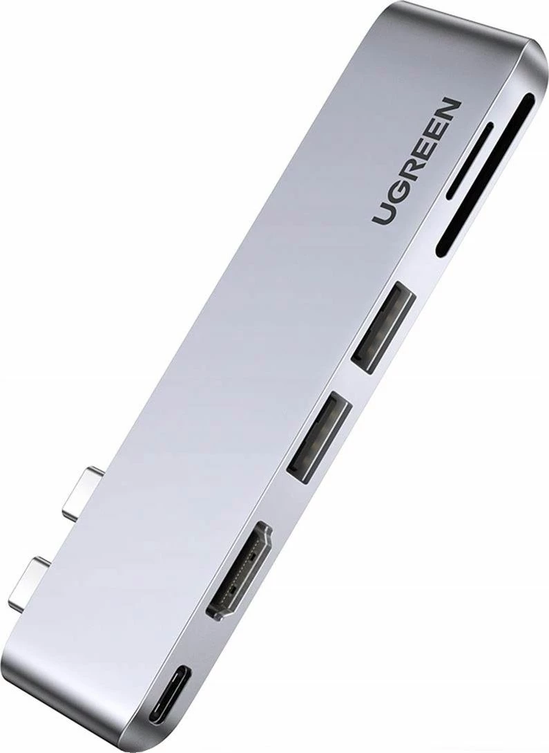 Hub USB-C Ugreen CM380 6-në-1 me Thunderbolt 3, HDMI, 2x USB-A 3.0, lexues SD/TF, Power Delivery, gri/argjendtë