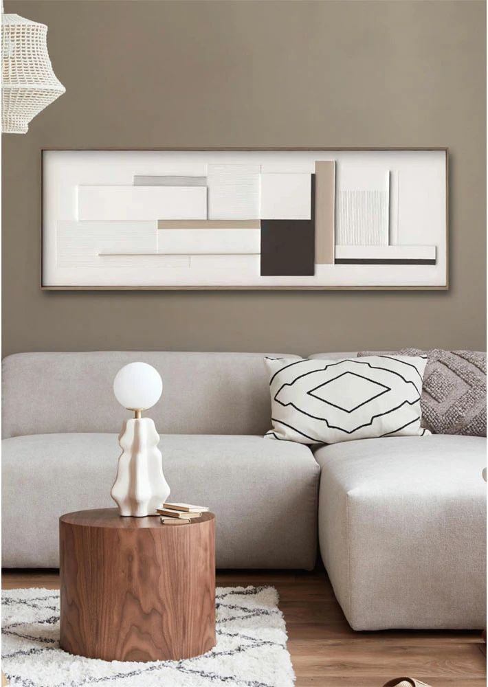 Pikturë dekorative Porter, kanavacë, ngjyrë e bardhë, bezhë, e zezë, dru natyral, 50x150x5cm