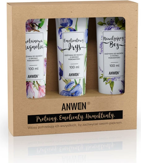 Set kondicionerë për flokë për femra Anwen Protein Orchid + Emollient Iris + Moisturizing Bez, 3x100ml