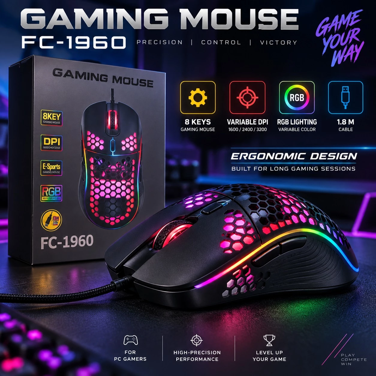 Maus Gaming FC-1960 me Ndriçim Shumëngjyrësh dhe Dizajn Honeycomb