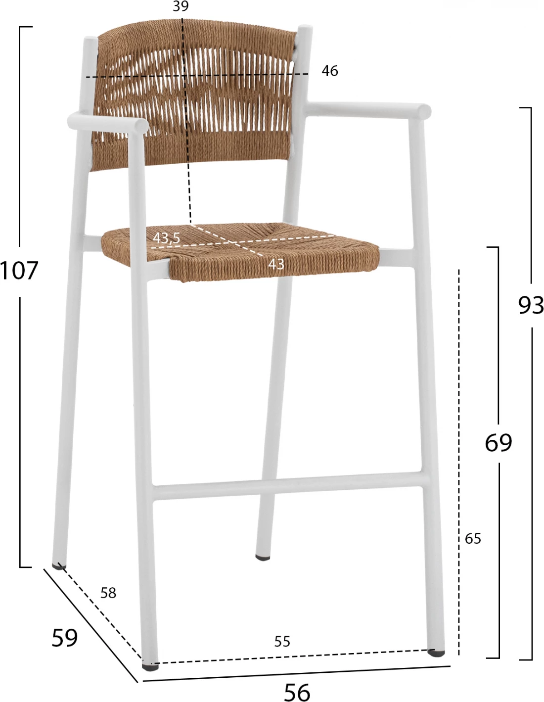 Karrige për bar alumini e bardhë me litar bezhë FH5785.01 56x59x107 cm