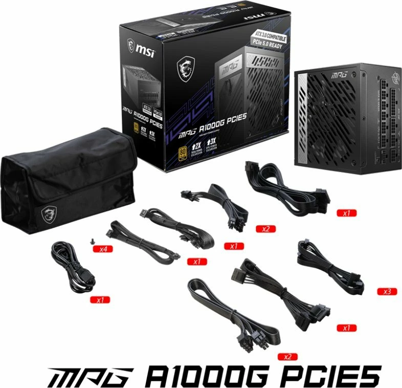 Furnizues energjie MSI MPG A1000G PCIE5 1000W, 80 Plus Gold, modular i plotë, ATX 3.1, PCIe 5.0, i zi