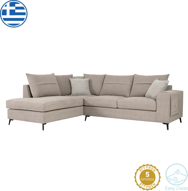 Kënd divani Montana, ngjyrë gri-bezhë, pëlhurë, jastëkë gri të lehtë, 275x215x93cm