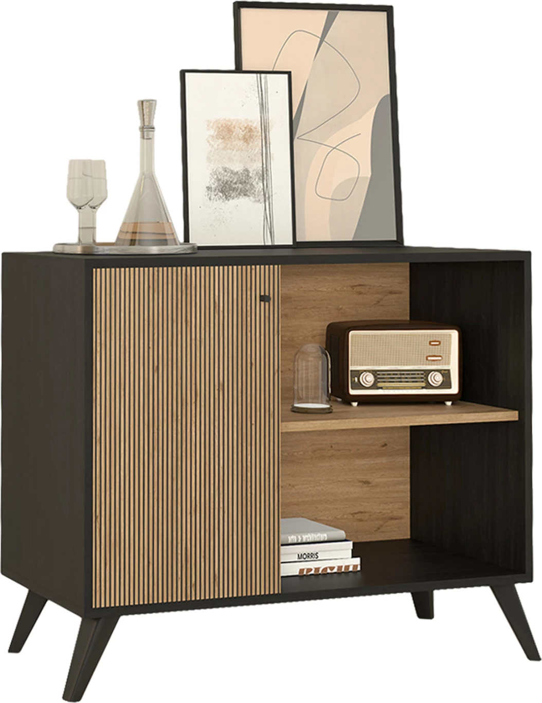 Bufe KRUDEN, melaminë, ngjyrë e zezë-natyrale, 100x40x78.5H cm