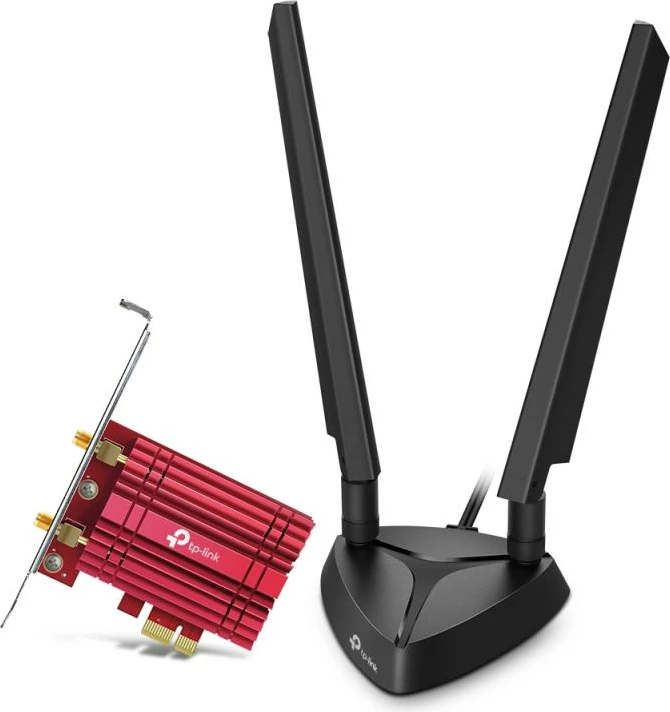 Adapter rrjeti Wi‑Fi 6E PCIe, TP-Link Archer TXE75E, tri-band, antena të jashtme me bazë magnetike, WPA3, Windows 10/11