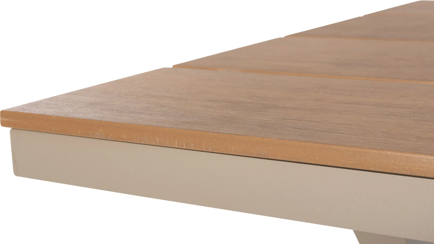 Tavolinë drejtkëndore alumini TAWNEE FH6037.04 ngjyrë shampanjë-polivud ngjyrë druri natyral 150x89,5x73H