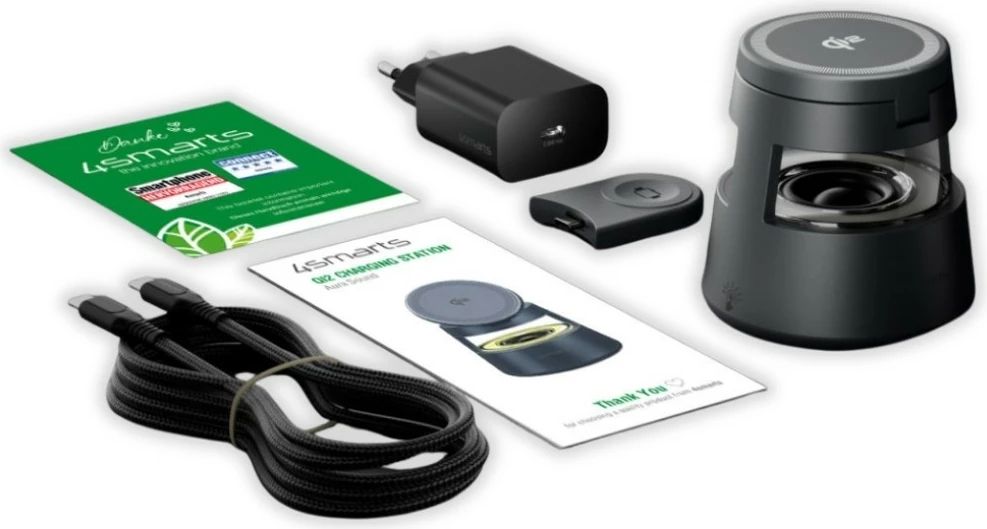 Stacion karikimi me valë 4smarts Aura Sound Qi2 30W, 3-në-1 për telefon, orë Apple/Samsung dhe kufje, altoparlant i integruar, dritë LED me 3 nivele, gri