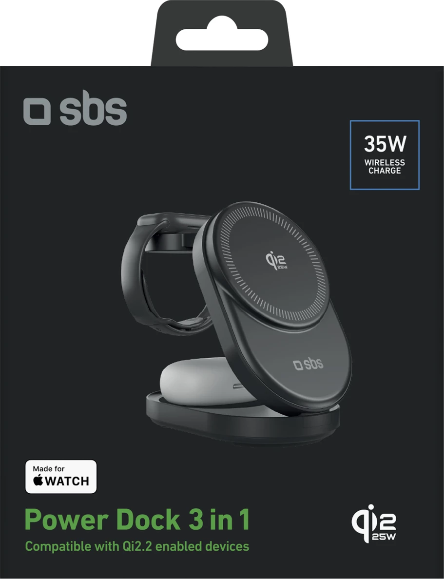 Stacion karikimi pa tel 3‑në‑1 i palosshëm, SBS, Qi2.2 25W, MFI, USB‑C, i zi