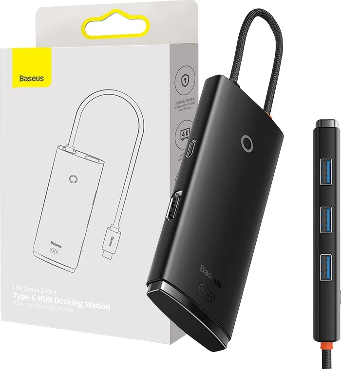 Kasë Baseus Lite Series 5in1, WKQX040001, USB-C në 3x USB 3.0 + USB-C + HDMI, e zezë