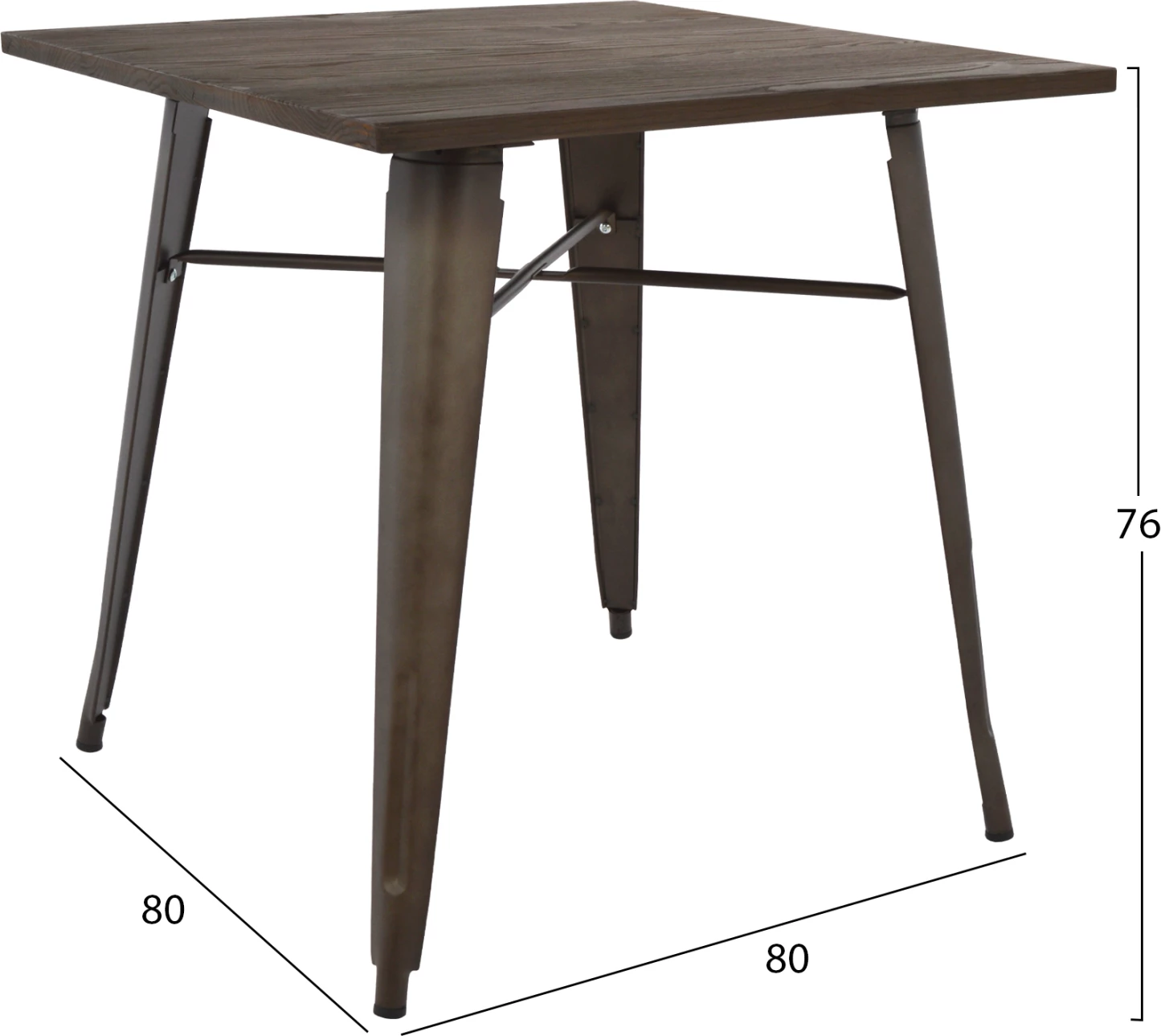 Tavolinë metalike, ngjyrë e ndryshkur dhe dru, FH0611.04, 80x80x76 cm
