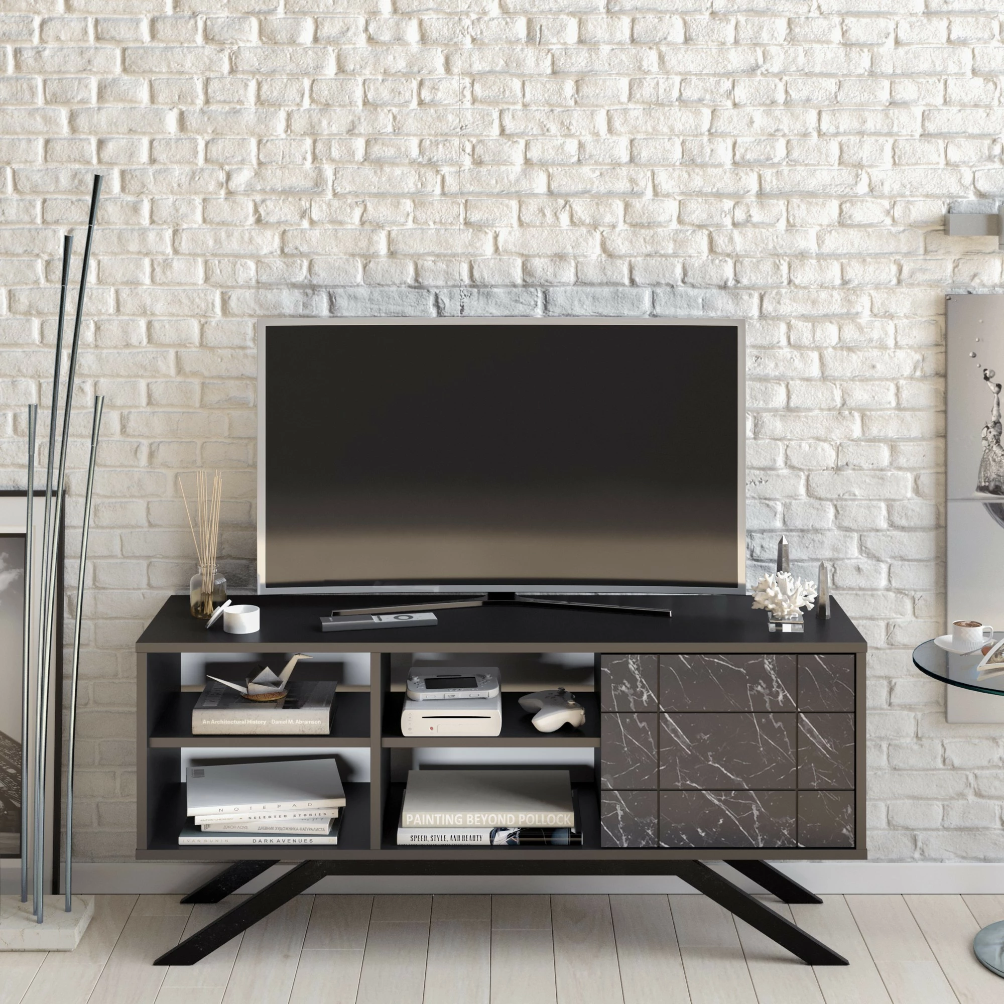 Komodë TV Hanah Home, ngjyrë e zezë, detaje mermeri