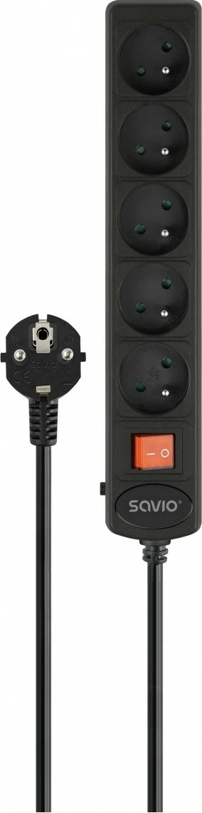 Prizë zgjatëse me mbrojtje nga rryma, Savio LZ-16, 5 dalje të tokëzuara Type E, kabllo 1.8 m, siguresë automatike, ndërprerës ON/OFF, 2500 W, prizë Schuko, e zezë