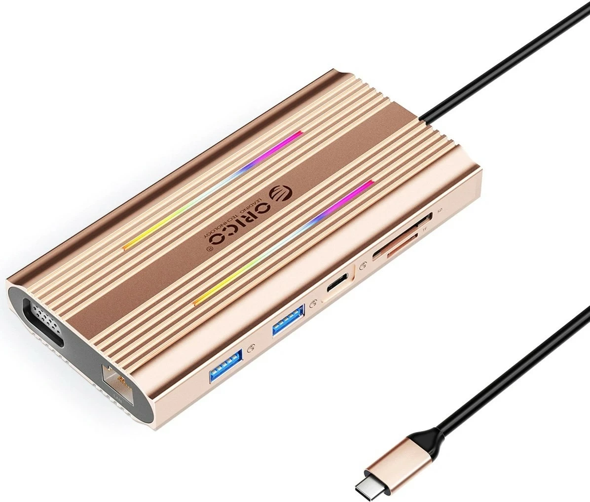 Hub Orico USB-C 12w1 XDR-X2, 3x USB-A, USB-C PD 100W, HDMI 4K, VGA, RJ45 Gigabit, verdhë