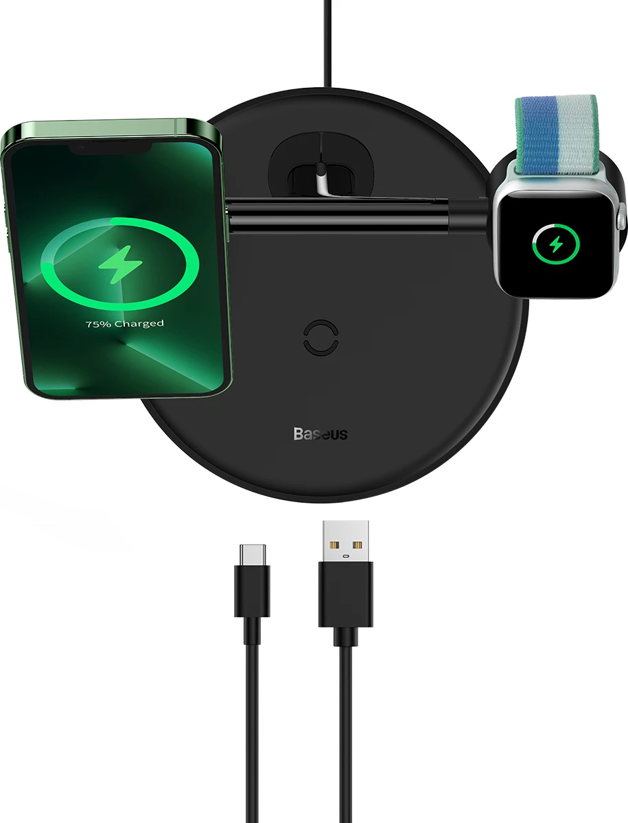 Karikues wireless 3-në-1 Baseus Swan me MagSafe, për iPhone, Apple Watch, AirPods, 1m USB-C, Zi