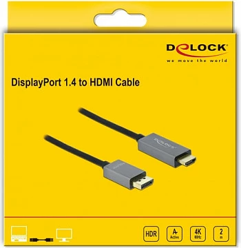 Kabllo DeLOCK DisplayPort 1.4 në HDMI, 2 m, 4K 60Hz HDR, zezë/gri