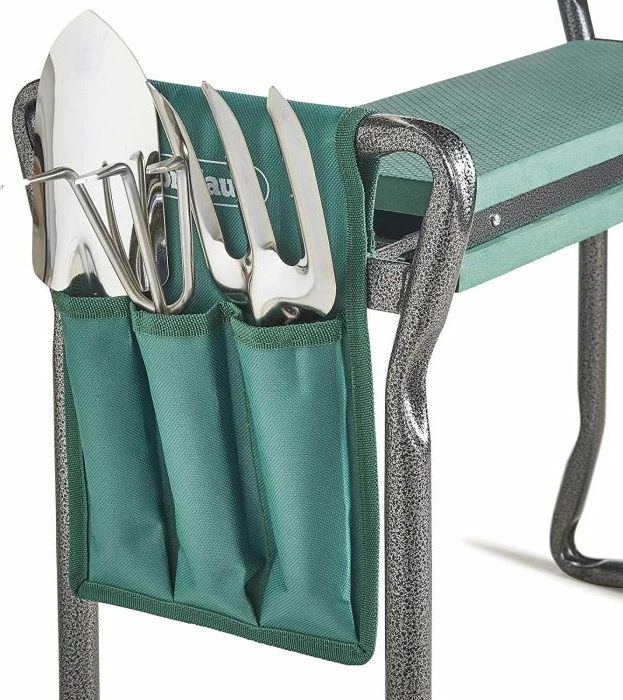 Stol/kneeler për kopsht VONHAUS 2-në-1 2515210, i palosshëm, me set veglash, jeshile/gri, set 5 copë